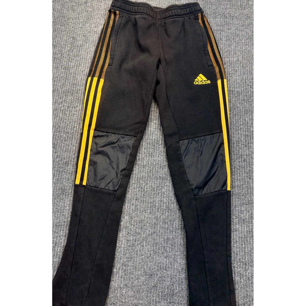 Adidas Mens XS Black Yellow 3 Stripe Fleece Joggers Ankle Zip Sweatpants